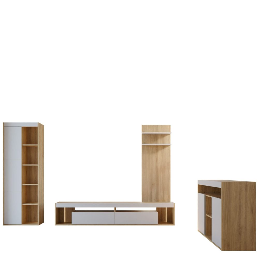 Fiorea Möbelset - Tv-bänk 200 cm + Vägghylla 138 cm + Skänk 151 cm + Vitrinskåp 60 cm