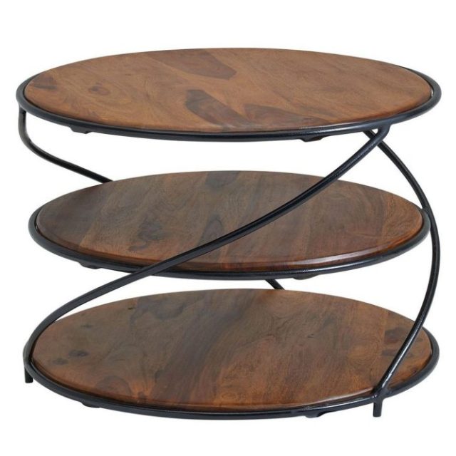 Soffbord Wohnling Massivt trä rund 58 cm med 2 brickor cirkel metallram