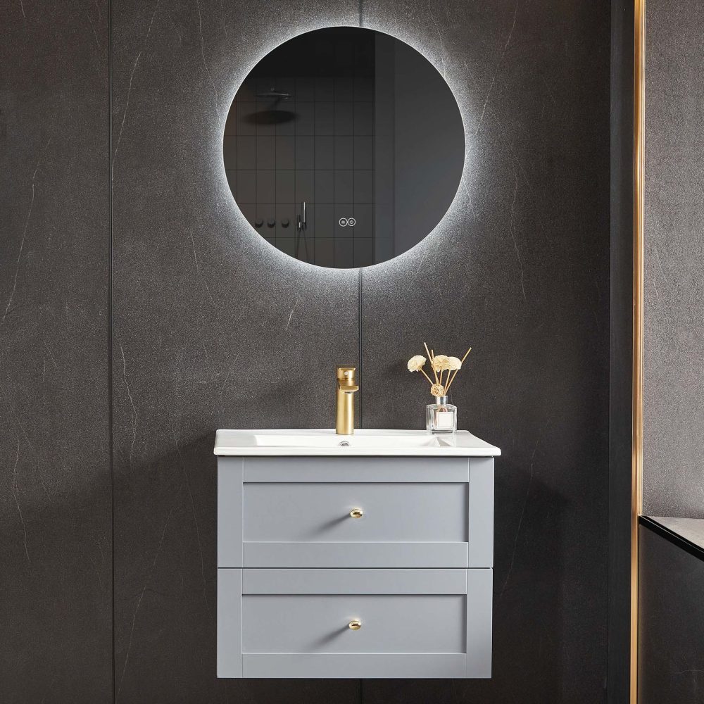 Badgrumsmöbel + LED spegel - 60x46x50cm - grå/guld
