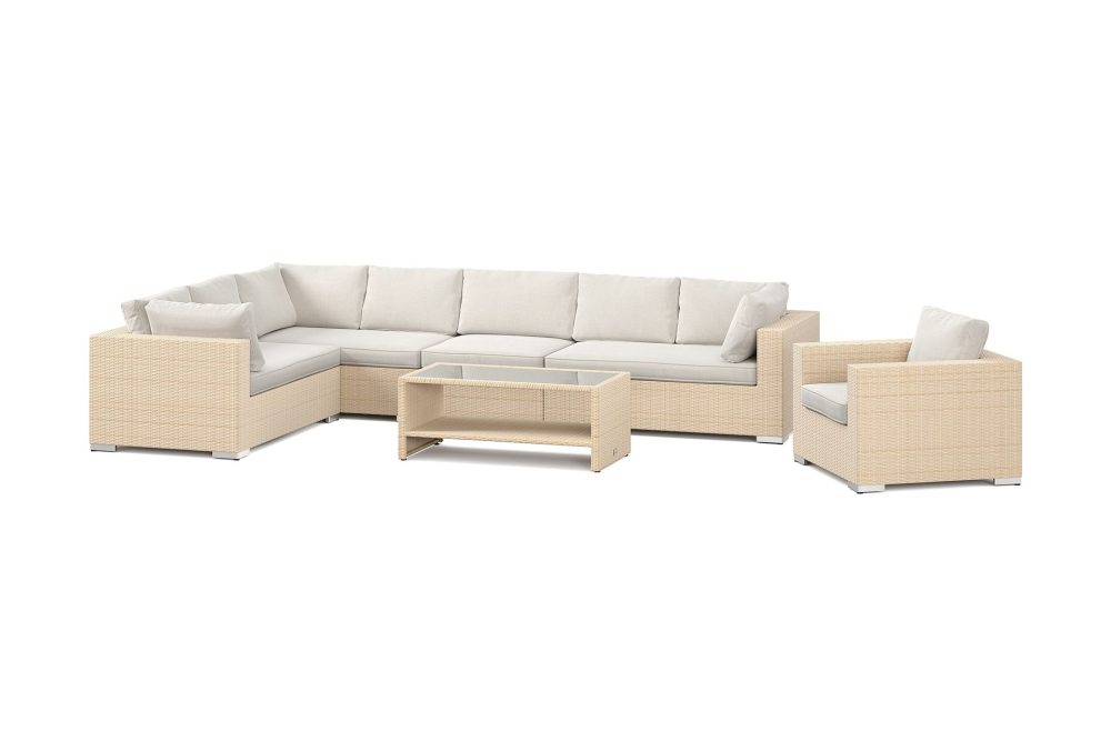 Bahamas utomhus L-soffa vänster 8-sits med fåtölj och bord med hylla
