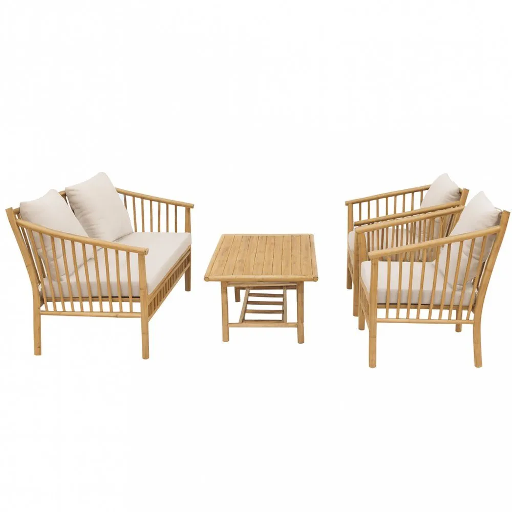 Loungegrupp Bambu loungegrupp utomhus | Soffa, 2 fåtöljer & bord i naturmaterial Brun