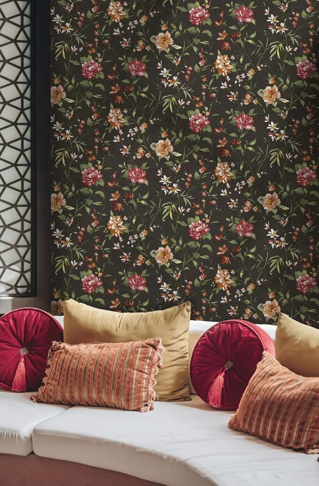 Holden Decor Journey to the East 91852 Tapet Sazanka charcoal Röd/grön/rosa/vit/svart