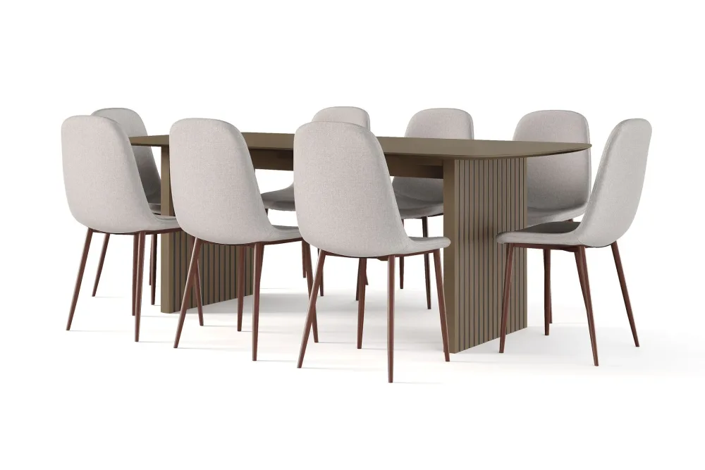 Richeto Matbord Rökt Ek 210 cm valnöt + 8 st Nibe stol beige med valnöt ben