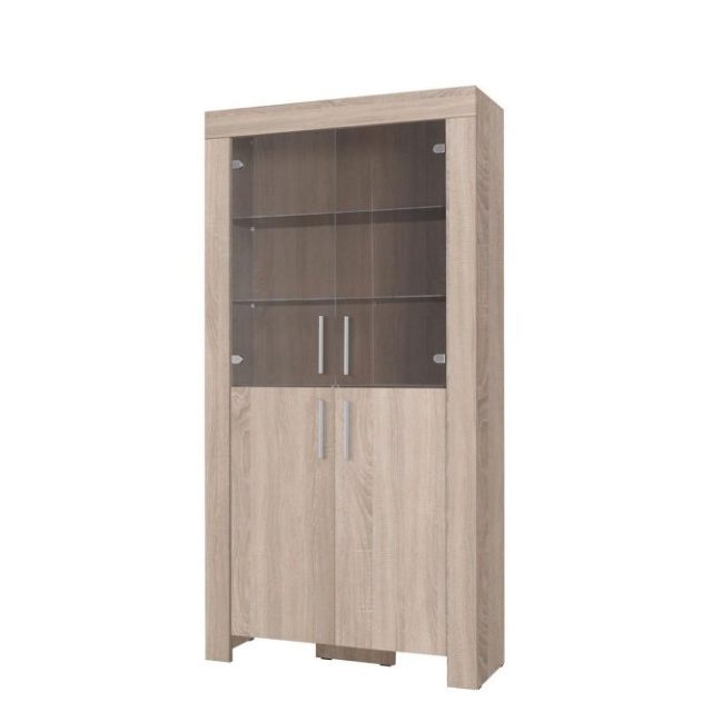 Cezar Vitrinskåp Vit LED Belysning 43 cm djup 100 cm bred 201 cm hög Ljust Trä Ek Glas
