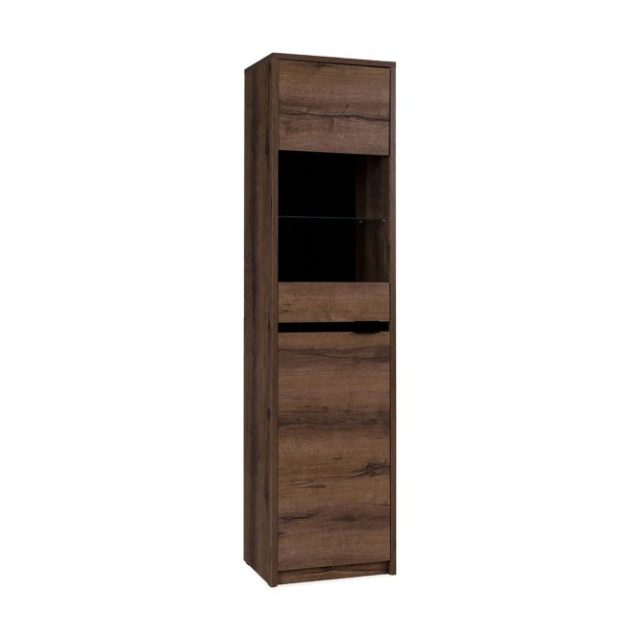 Charon Smalt Vitrinskåp Vit LED Belysning 40 cm djup 50 cm bred 200 cm hög Mörkt Trä