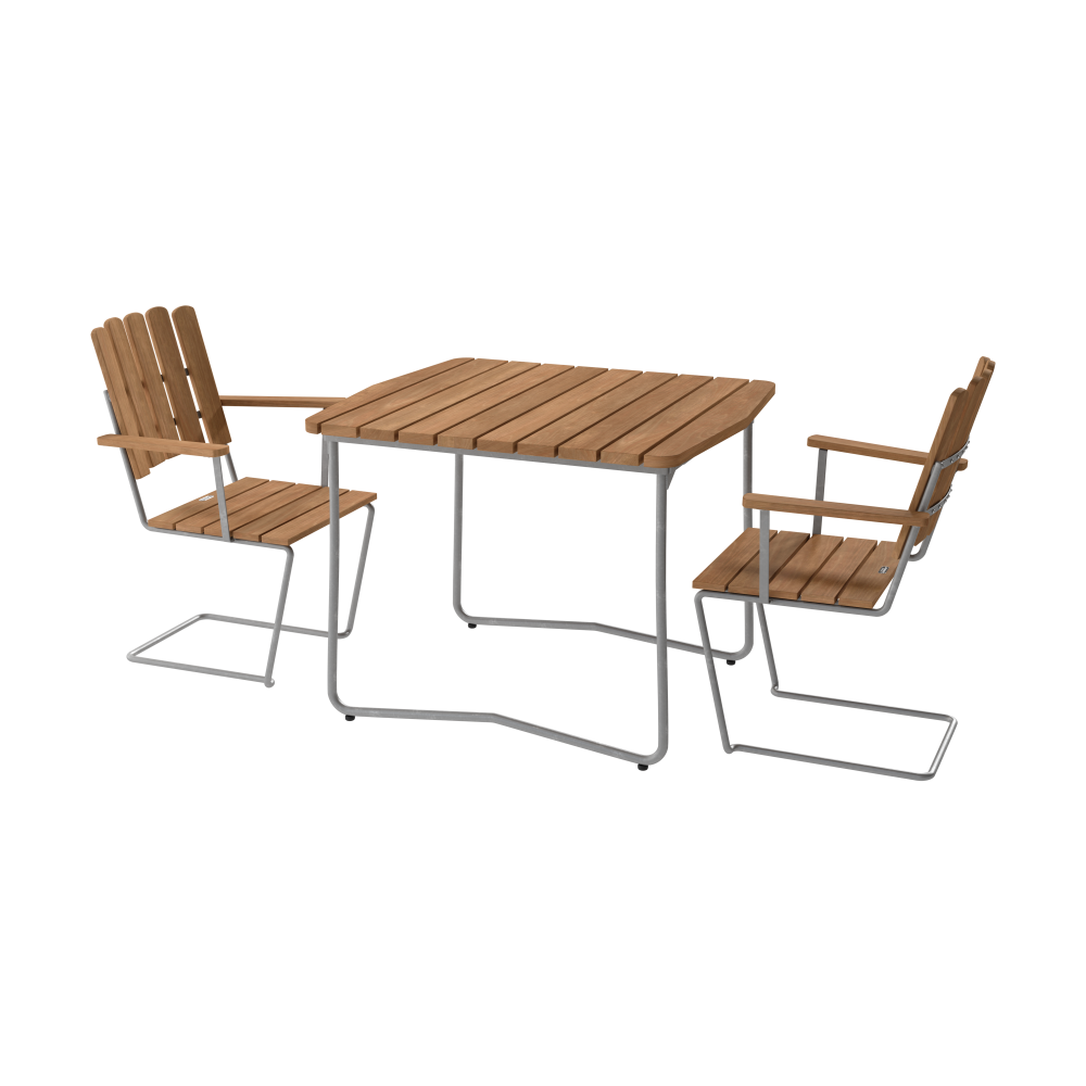 B31 bord 92 cm + 2 A2 fåtölj, teak-varmförzinkat stativ