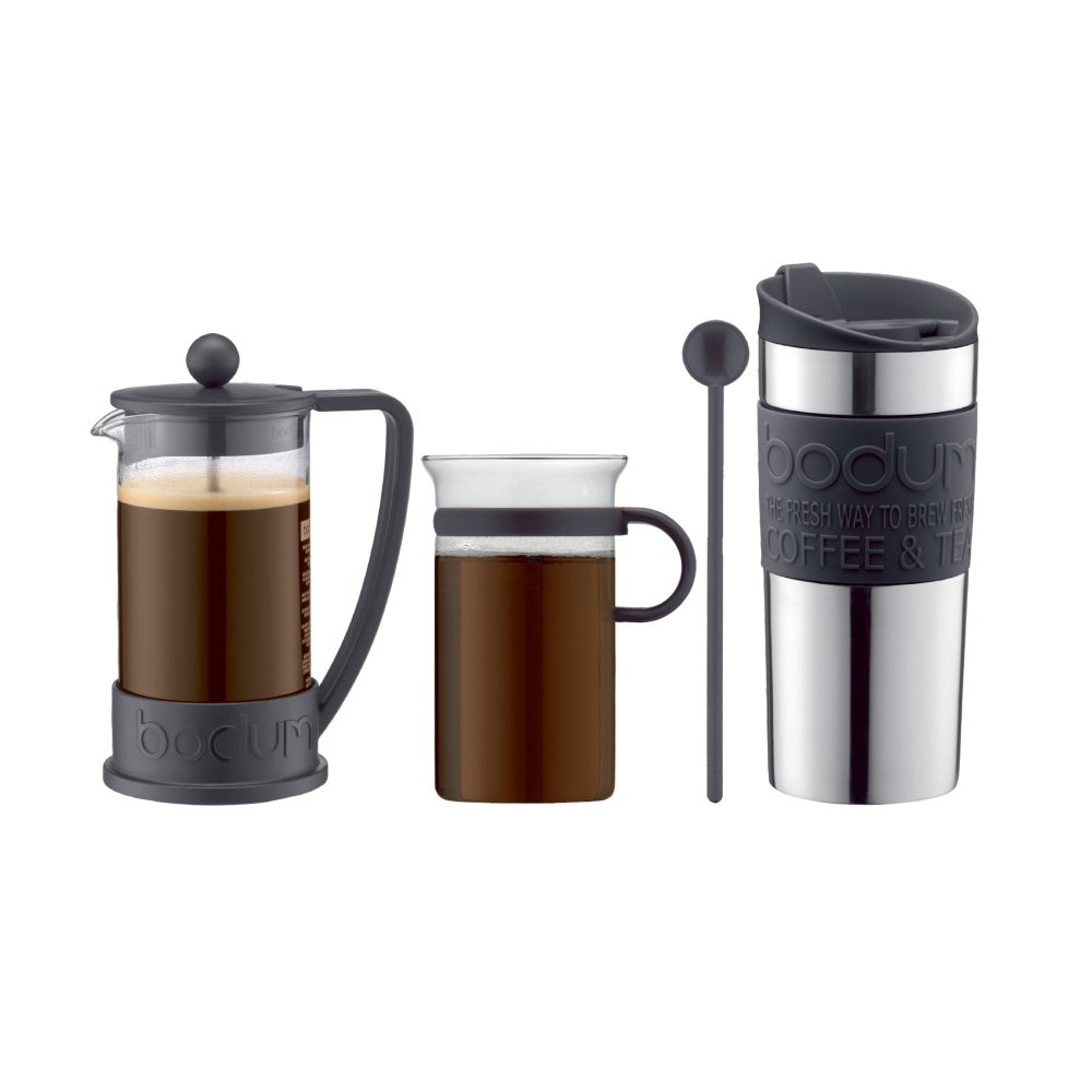 Kaffeset med presskanna, kopp, resemugg och sked, Svart