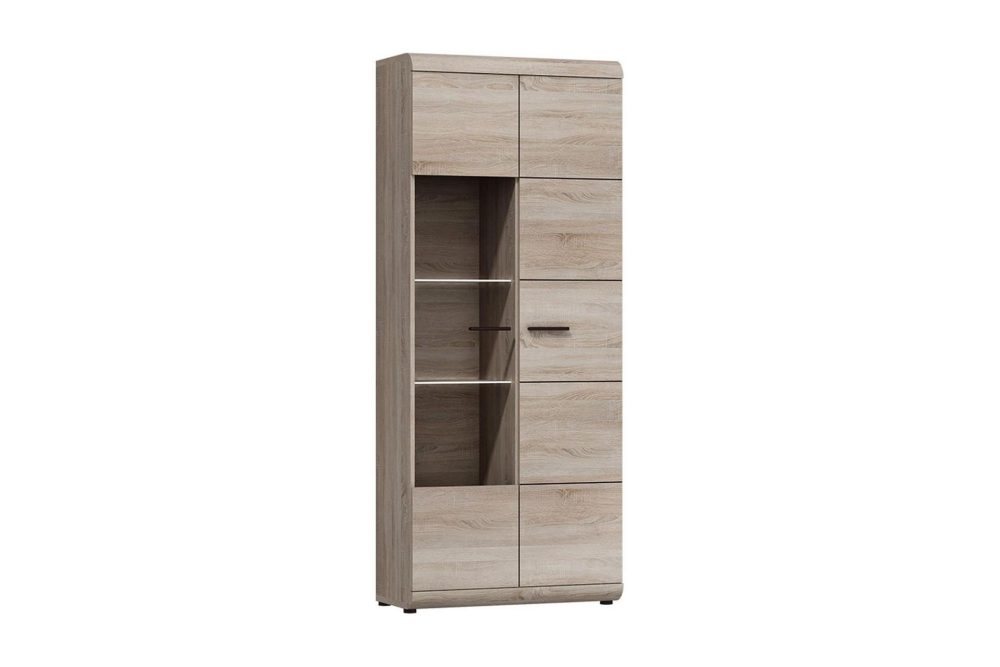 Link Vitrinskåp Vit LED Belysning 37 cm djup 80 cm bred 194 cm hög Trä Ek Hylla Vänster