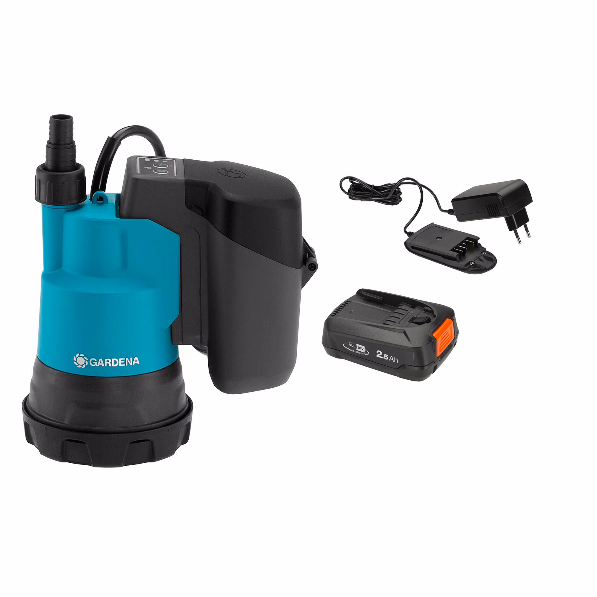Kjøp Gardena Nedsenkbar pumpe 2000/2 18V P4A, for klart vann, komplett med batteri og lader.