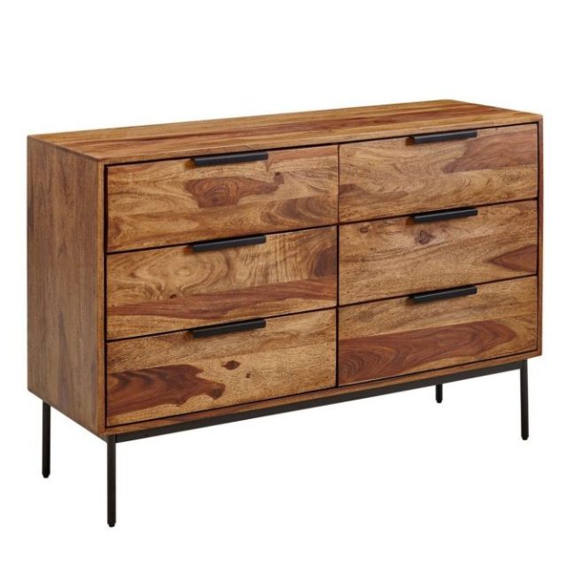 Sideboard Wohnling Massivt trä 117 cm 6 lådor filigrant metallben lantligt stil