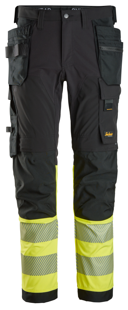ARBETSBYXA SNICKERS WORKWEAR 4STR HF HV KL1, SVART/GUL STL 100