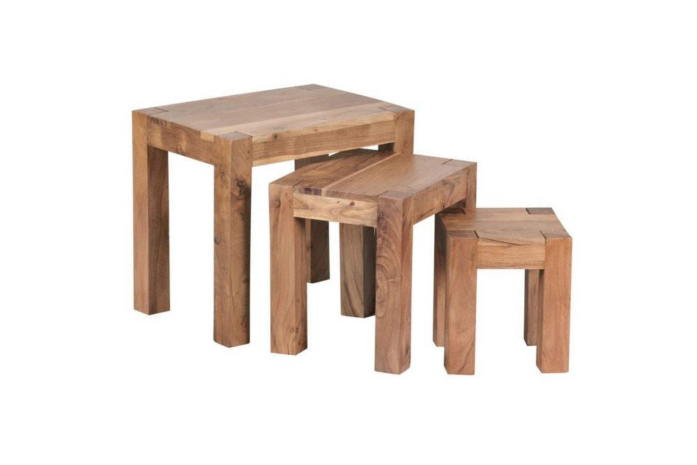 Satsbord Wohnling Set med 3 massivt trä, 4-benta bord, lantlig stil Akacia